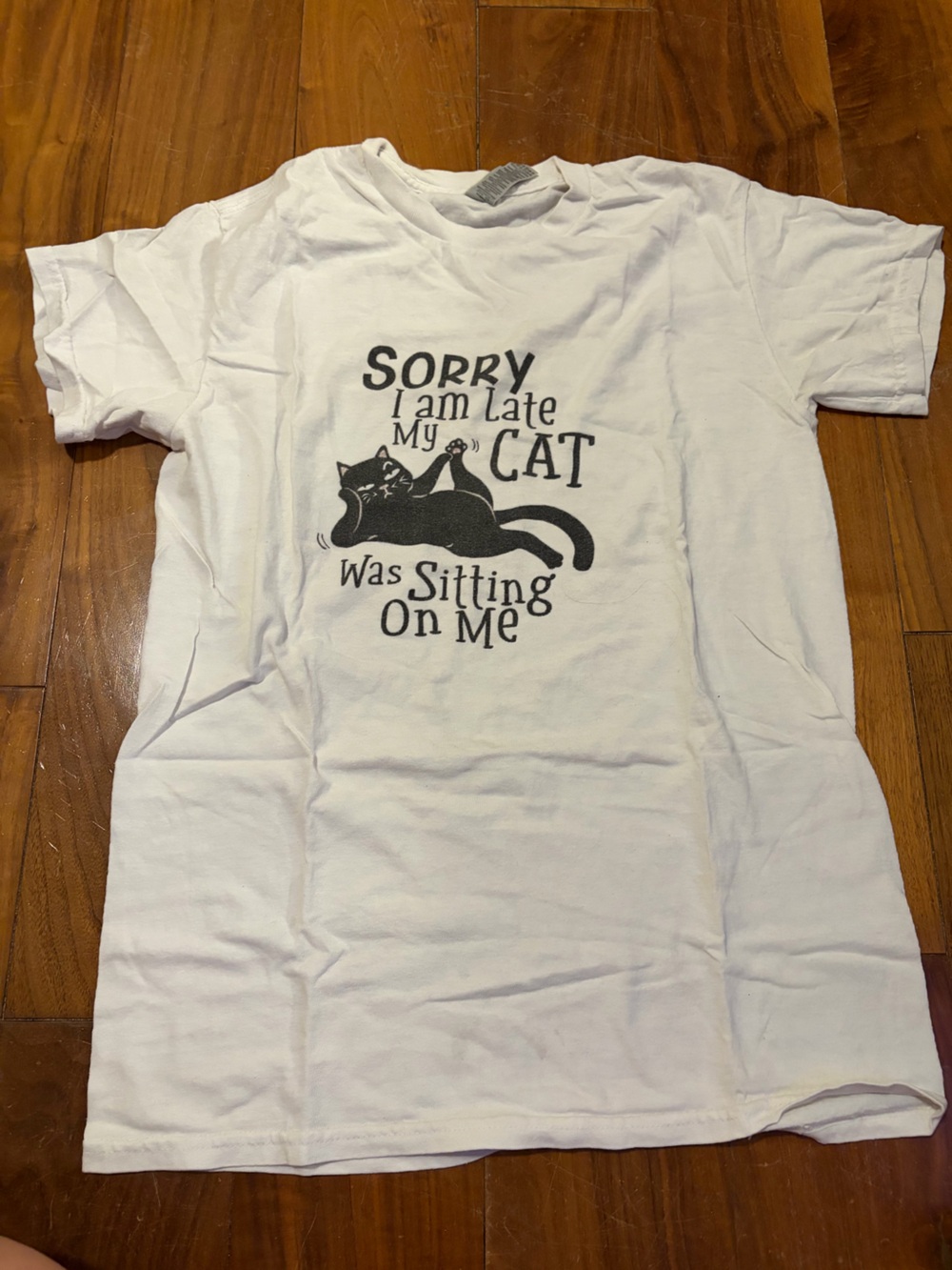Gildan White Tee with Black Cat Graphic and Funny Text